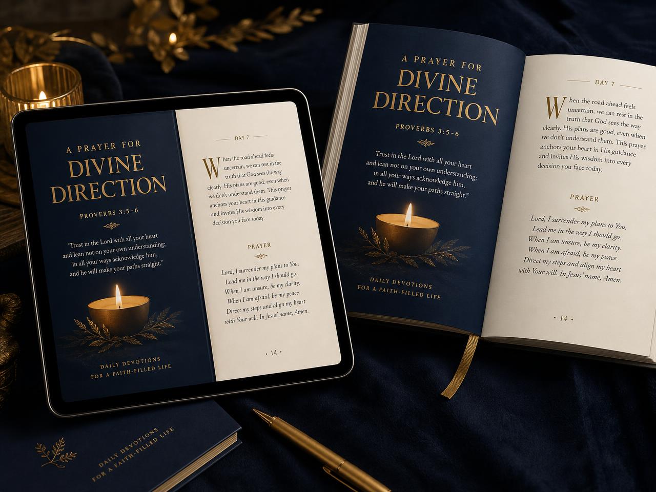 Prévia das páginas internas do ebook 10 Orações, com título da oração em dourado e versículo bíblico