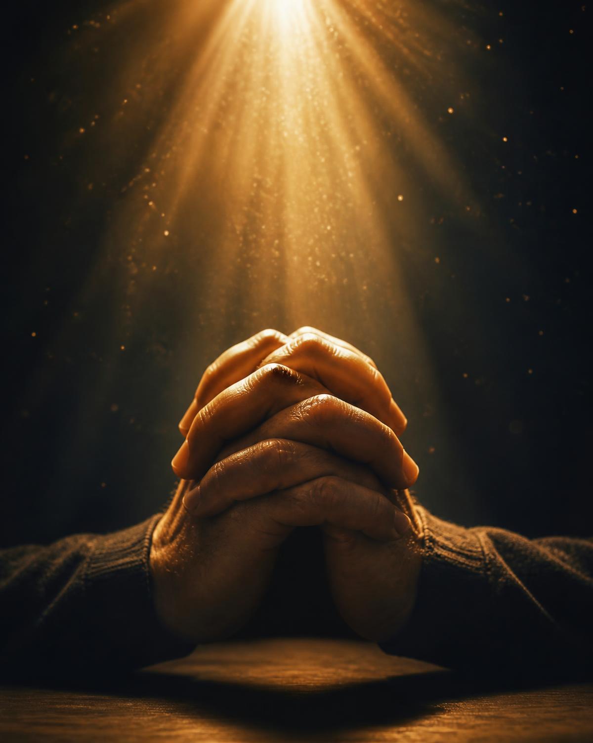 Mãos unidas em oração sob um facho de luz dourada
